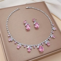 Elegant silver jewelry set with pink teardrop zircon tulip necklace and earrings - Pink Clear Water Drop (PJ-179)