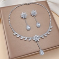 Sparkling zircon sunflower jewelry set with drop earrings and necklace for women - Clear Eight-petal Water Drop (PJ-177)