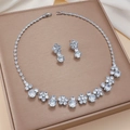 Elegant silver-toned flower necklace and earrings jewelry set with cubic zirconia - Flower Necklace Earrings Set (PJ---176)