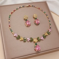 Floral jewelry set with pink pear-cut crystals and green emerald accents in a gold box - Pink Yellow Green Floral (PJ-164)