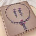 Fashionable jewelry set with purple zircon heart necklace and matching drop earrings - Purple Pink Heart Floral (PJ-165)