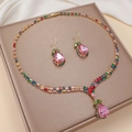Elegant jewelry set with multicolor zircon tulip necklace and pear-shaped pink drop earrings - Multicolor Baguette Zircon (PJ-163)