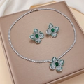 Elegant emerald green flower jewelry set with necklace and earrings on champagne silk - Emerald Floral (PJ-159)