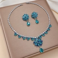 Elegant silver-tone flower jewelry set with blue zircon crystals and water drop tassels - Blue Green Flower Drop (PJ-156)