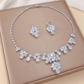 Elegant silver-toned flower necklace and earrings set with teardrop zircon stones - Clear Flower Pendant (PJ-152)