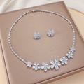 Fashion flower jewelry set with sparkling zircon necklace and stud earrings in silver finish - Five-Petal Flower Zirconia Necklace and Earrings Set (PJ--141)