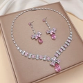 Pink butterfly necklace and drop earrings set with zircon stones on silk background - Pink Water Drop Floral (PJ-136)