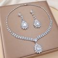 Elegant silver-toned bridal jewelry set with water drop zircon necklace and earrings - Silver Water Drop Jewelry Set (PJ---129)