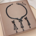 Fashion black zircon butterfly necklace and earrings set with fringe tassels - Black Tassel Butterfly (PJ-94)