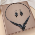 Elegant black rhinestone necklace and earring set with floral marquise zircon details - Black Wheat Spike Jewelry Set (PJ--95)