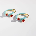 U-shaped blue enamel hoop earrings with red gemstone accents in gold metal base - Sky Blue Enamel Contrast Red Bead Style