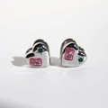 Polished silver heart earrings with pink rectangle and green star zircon inlays - White Gold