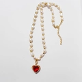 Vintage Perlenkette mit rubinrotem Herzanhänger und Goldbeschichtung für Damen - Roter Zirkon Herzanhänger Perlenkette / Halskette