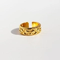 Adjustable wide gold-plated ring with quilted texture and milgrain edges for women - US 7 / Quilted Wide Style / Gold
