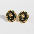Ovale Vintage-Ohrstecker mit Königin-Porträt in schwarzer Emaille mit grünen Kristallen - Gold Schwarz mit grünem Zirkonia