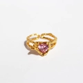 Minimalist gold open ring featuring a pink heart-shaped zircon and lava texture finish - Adjustable Open / Gold