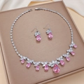 Elegant silver necklace and earrings set with pink teardrop crystals and zircons - Pink White Floral Leaf (PJ-183)