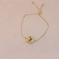 Detail view of gold box chain bracelet with colorful gemstone flower pendant and crystals - Gold Colorful Five-Petal Flower Style (TS0672-2)