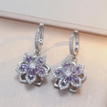 Detailed macro view of S925 silver flower earrings with purple and white cubic zirconia - Purple Flower Earrings (E1509) / Purple