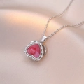 Pink heart-shaped opal pendant necklace with zircon halo on silver chain - Steel Color Pink Gradient Heart Style (X1182)