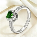 Silver adjustable ring with green heart-shaped gem and halo of small diamonds - Green Ring (J0233-2)