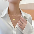 Double-layered titanium steel necklace with gold cross and engraved round disc pendant - Double Layer Cross Necklace (T0044) / Gold