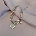 Double-layer stainless steel heart pendant bracelet with beaded and oval link chains - Double Layer Heart Style (TS 033) / Silver