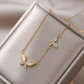 Golden titanium steel butterfly necklace with opal stone and sparkling zircon detail - Cat's Eye Stone Butterfly Style (X0279)
