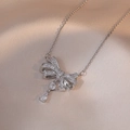 Bowknot silver necklace with teardrop pendant and cubic zirconia on champagne silk - Steel Color Butterfly Pendant (X0294)