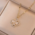 Golden clover pendant necklace with emerald heart stones and sparkling zircon stones - White Heart Cat Eye Stone Four-leaf Clover Pendant Necklace (X0488)