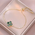 Adjustable golden bracelet with green heart-shaped clover and sparkling crystals - Gold Green Heart Gemstone Clover Style (TS0095)