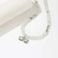 Elegant cat eye stone beaded necklace with silver bamboo joints and dual heart pendants - White Cat's Eye Stone Double Heart Style (T0063)
