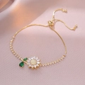 Golden sunflower bracelet with white and green zircons and adjustable slider chain - Gold Green Leaf Sunflower Style (TS0271)