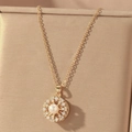 Gold titanium flower pendant necklace featuring white pearl and sparkling crystals - Gold Pearl Radiating Style (X0577)
