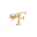 Macro detail of 18K gold letter F stud earring with minimalist polished finish and screw ball - Letter F / Gold