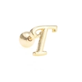 Macro shot of 18K gold letter T ear stud featuring a secure screw ball back design - Letter T / Gold