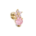 Gold leaf earring with pink zircon and white opal flower featuring screw back ball - Gold