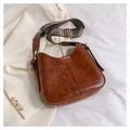 Brown vintage faux leather shoulder bag with textured geometric woven wide strap - Brown