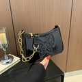 Glossy black patent leather underarm bag with butterfly embossing and gold chain - Black
