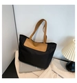 Black nylon tote bag with brown leather handles and gold FASHION lettering - Black