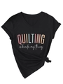 Detail of V-neck black tee showing 'QUILTING is kinda my thing' print and side knot hem - S / Black