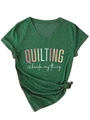 Detail of V-neck heather green cotton t-shirt with QUILTING IS KINDA MY THING print - S / Vintage Green