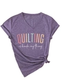 Detail of purple V-neck T-shirt with rainbow quilting quote and side-tie knot hemline - S / Purple
