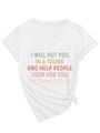 Detail of white V-neck T-shirt with colorful text print and stylish front hem knot - S / White