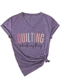 Detail of purple V-neck T-shirt with 'Quilting is kinda my thing' print and side knot - S / Purple