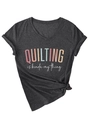 Detail of V-neck grey tee with 'QUILTING is kinda my thing' print and side knot - S / Black Heather Grey