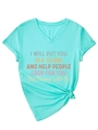 Detail of turquoise V-neck T-shirt with humor print and stylish front hem knot - S / Deep Water Blue