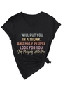 Detail of V-neck black T-shirt featuring colorful slogan print and bottom knot detail - S / Black