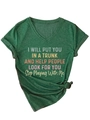 Detail of green V-neck T-shirt with colorful letter print and a stylish front hem knot - S / Vintage Green