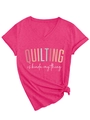 Detail of V-neck rose pink t-shirt with QUILTING IS KINDA MY THING print and knot hem - S / Rose Red